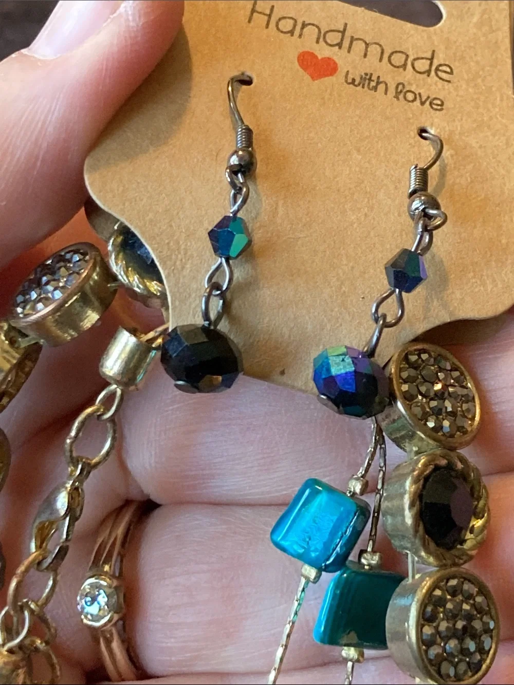 Purple & Teal Beaded Necklace with Gold Bracelet Set & Earrings
